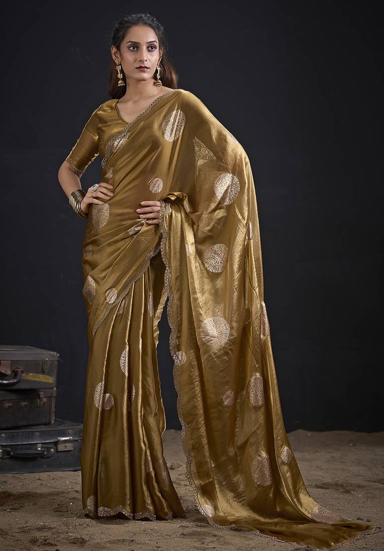 Mustard polka butti work tissue silk saree with matching blouse piece