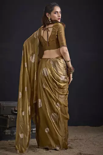 Mustard polka butti work tissue silk saree with matching blouse piece