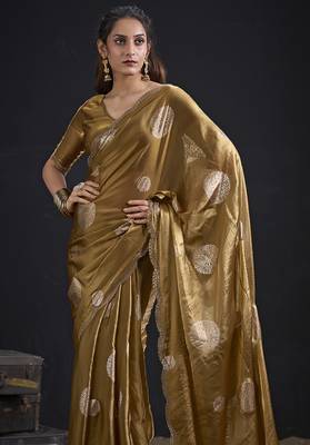 Mustard polka butti work tissue silk saree with matching blouse piece 3