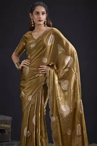 Mustard polka butti work tissue silk saree with matching blouse piece