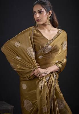 Mustard polka butti work tissue silk saree with matching blouse piece 4