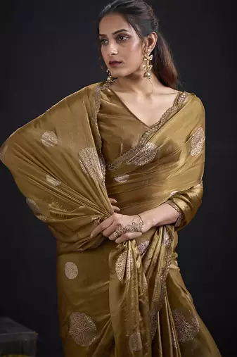 Mustard polka butti work tissue silk saree with matching blouse piece