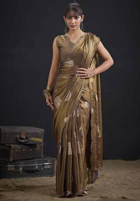 Brown polka butti work tissue silk saree with matching blouse piece 1