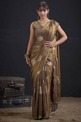 Brown polka butti work tissue silk saree with matching blouse piece