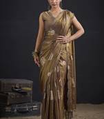 Brown polka butti work tissue silk saree with matching blouse piece