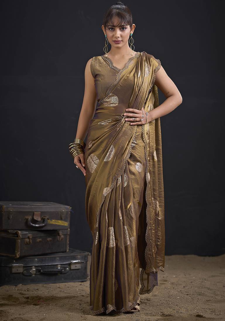 Brown polka butti work tissue silk saree with matching blouse piece