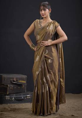 Brown polka butti work tissue silk saree with matching blouse piece 2