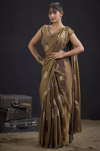 Brown polka butti work tissue silk saree with matching blouse piece