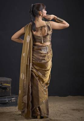Brown polka butti work tissue silk saree with matching blouse piece 3