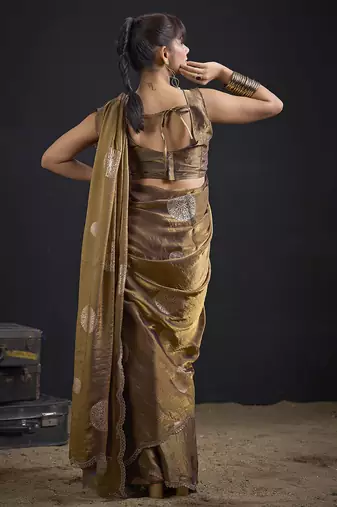 Brown polka butti work tissue silk saree with matching blouse piece