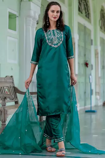 Floral embroidered silk round neck kurta trouser and dupatta set