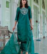 Floral embroidered silk blend round neck kurta trouser and dupatta set