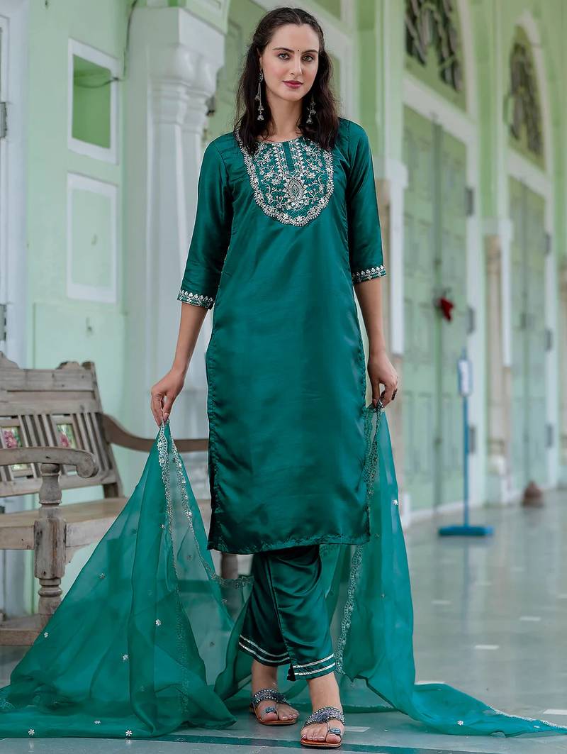 Floral embroidered silk round neck kurta trouser and dupatta set