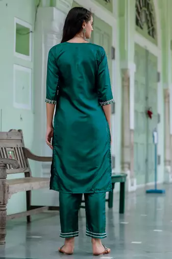 Floral embroidered silk blend round neck kurta trouser and dupatta set