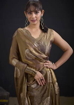 Brown polka butti work tissue silk saree with matching blouse piece 4