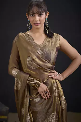 Brown polka butti work tissue silk saree with matching blouse piece