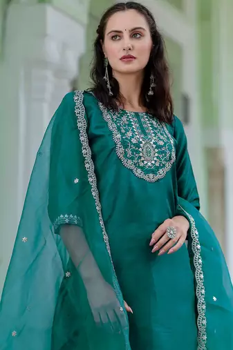 Floral embroidered silk blend round neck kurta trouser and dupatta set