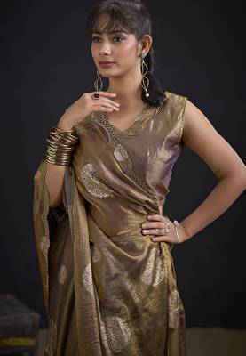 Brown polka butti work tissue silk saree with matching blouse piece 5