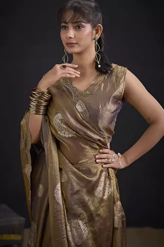 Brown polka butti work tissue silk saree with matching blouse piece