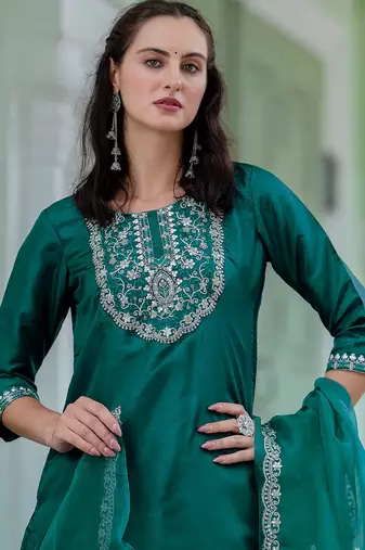 Floral embroidered silk blend round neck kurta trouser and dupatta set