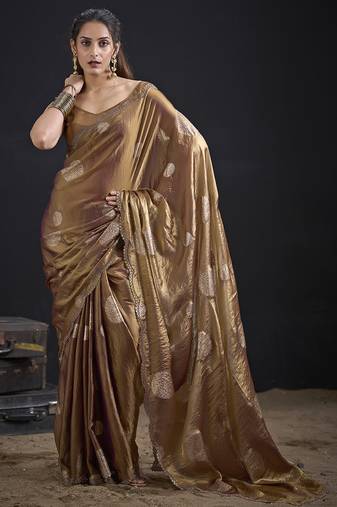 Golden polka butti work tissue silk saree with matching blouse piece
