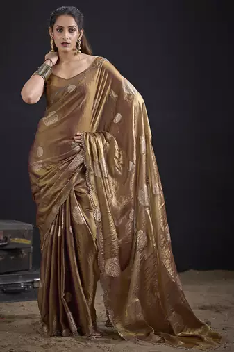 Golden polka butti work tissue silk saree with matching blouse piece