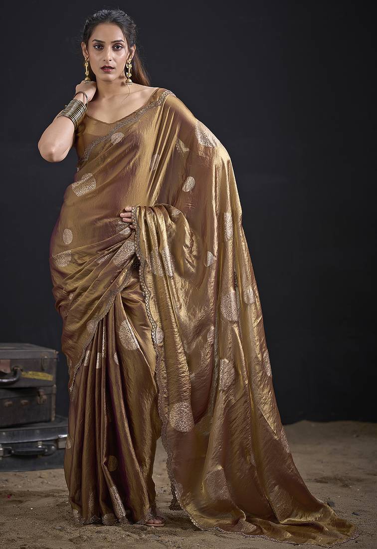 Golden polka butti work tissue silk saree with matching blouse piece