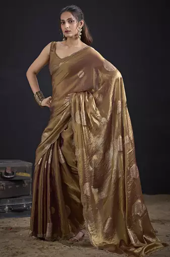 Golden polka butti work tissue silk saree with matching blouse piece