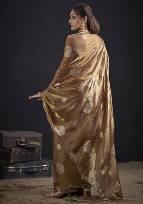 Golden polka butti work tissue silk saree with matching blouse piece 3