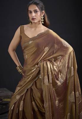 Golden polka butti work tissue silk saree with matching blouse piece 4