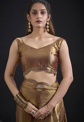 Golden polka butti work tissue silk saree with matching blouse piece 5