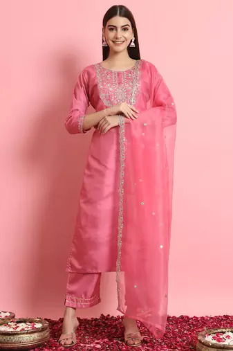 Floral embroidered silk round neck kurta trouser and dupatta set
