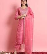 Floral embroidered silk blend round neck kurta trouser and dupatta set