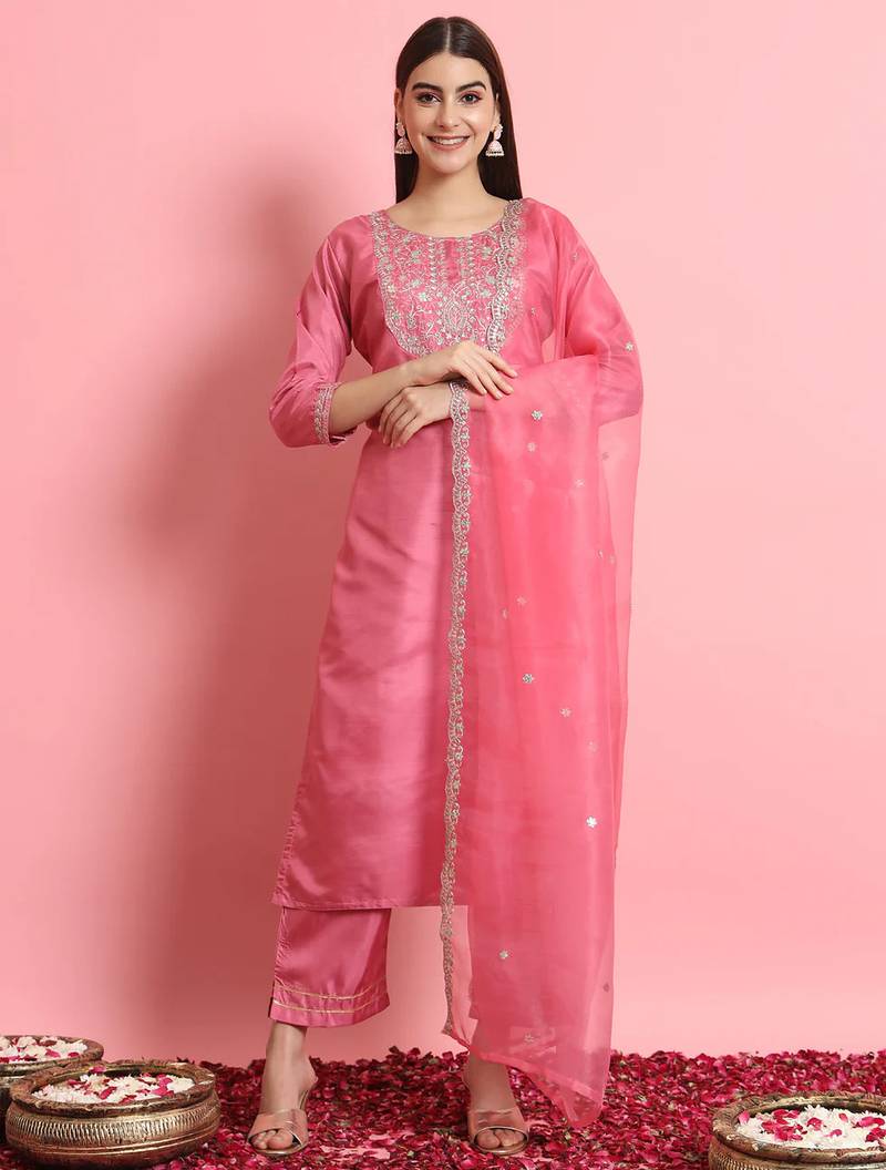 Floral embroidered silk round neck kurta trouser and dupatta set