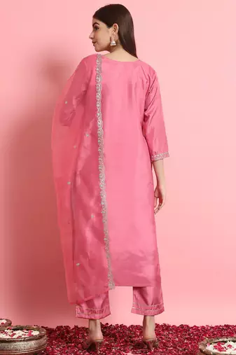 Floral embroidered silk blend round neck kurta trouser and dupatta set