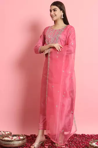 Floral embroidered silk blend round neck kurta trouser and dupatta set