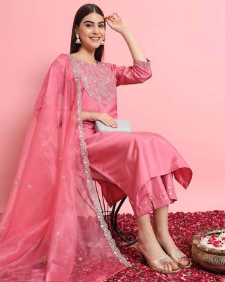 Floral embroidered silk blend round neck kurta trouser and dupatta set 4