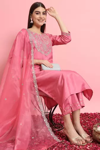 Floral embroidered silk blend round neck kurta trouser and dupatta set