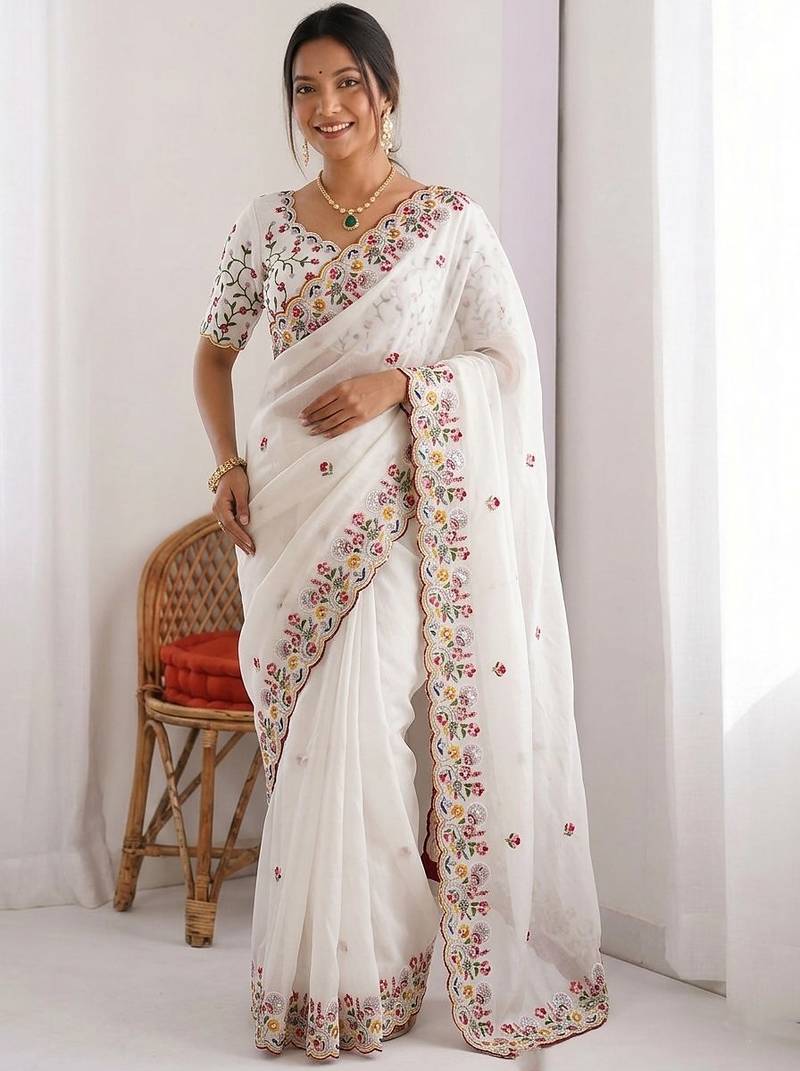 Designer Party Wear Floral Embroidery Saree