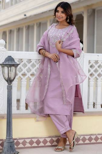 Floral embroidered silk round neck kurta trouser and dupatta set