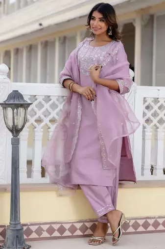 Floral embroidered silk round neck kurta trouser and dupatta set