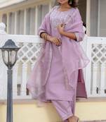 Floral embroidered silk round neck kurta trouser and dupatta set