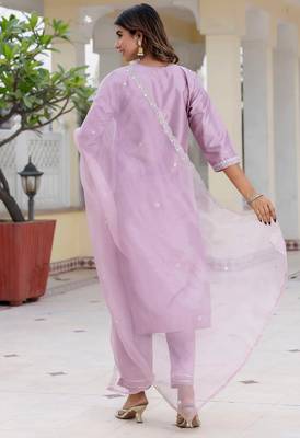 Floral embroidered silk blend round neck kurta trouser and dupatta set 2
