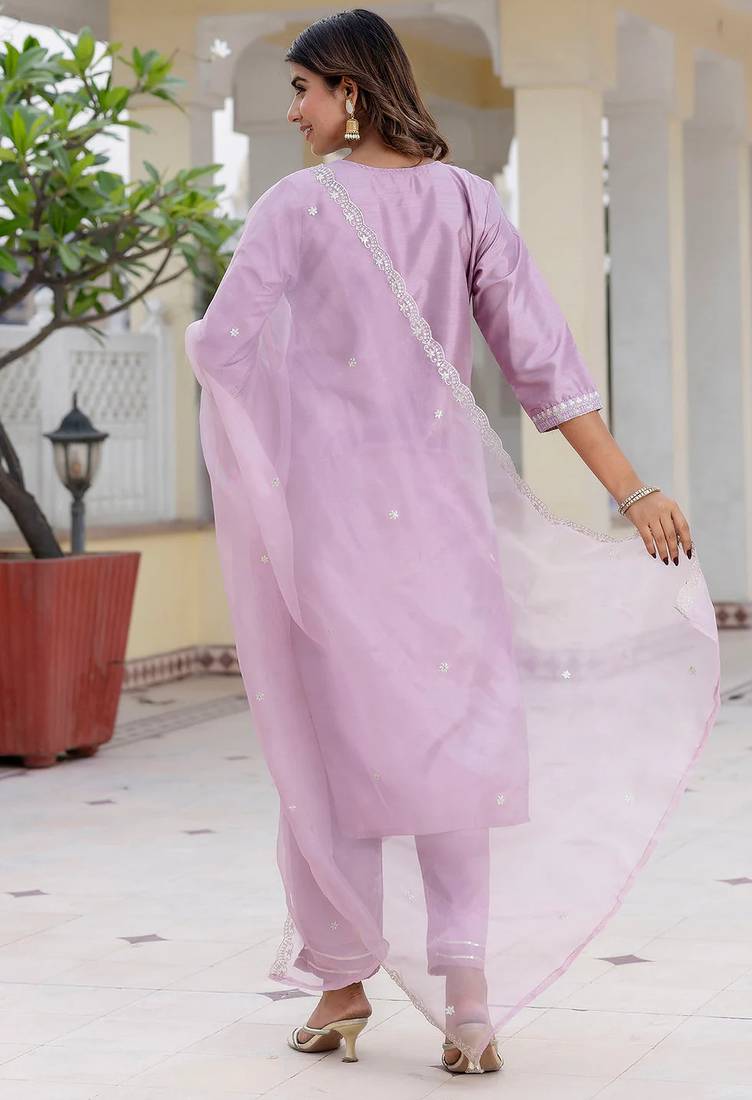 Floral embroidered silk round neck kurta trouser and dupatta set