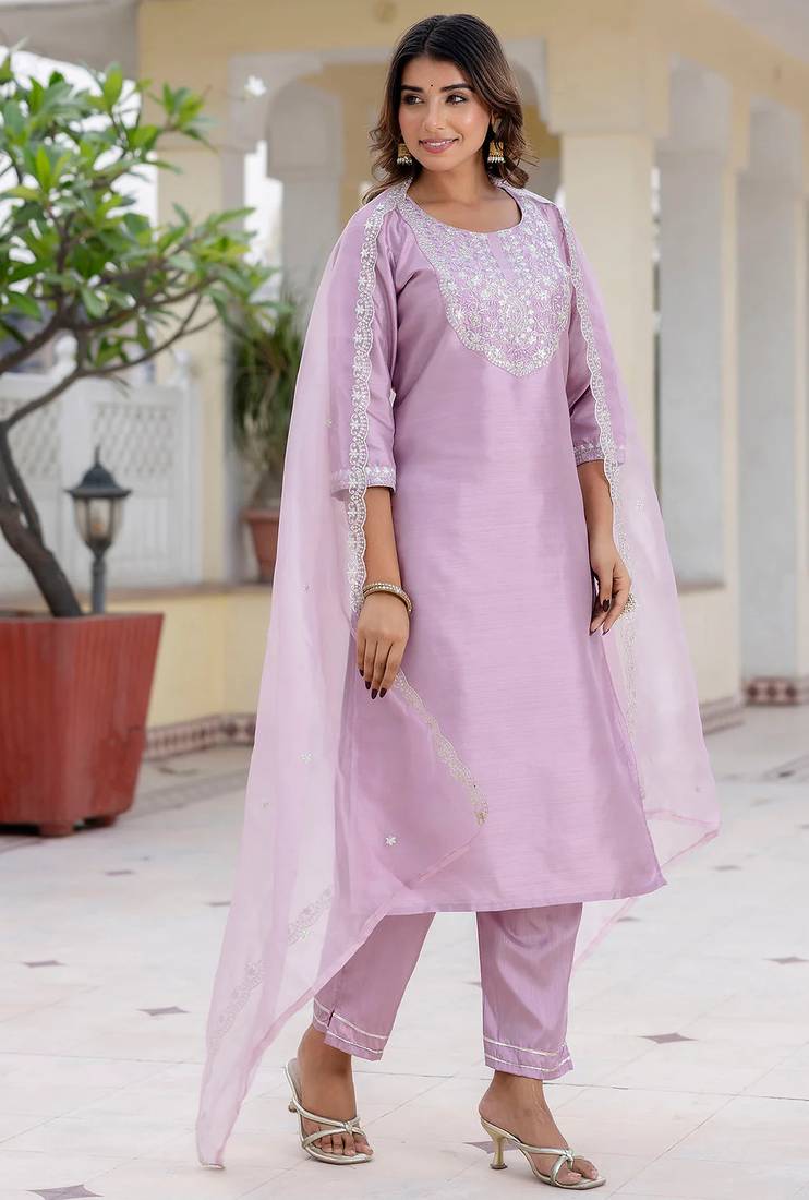 Floral embroidered silk round neck kurta trouser and dupatta set