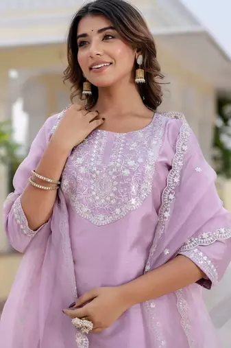 Floral embroidered silk blend round neck kurta trouser and dupatta set
