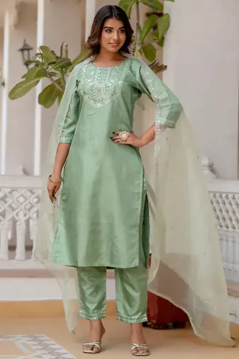 Floral embroidered silk round neck kurta trouser and dupatta set