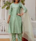 Floral embroidered silk blend round neck kurta trouser and dupatta set