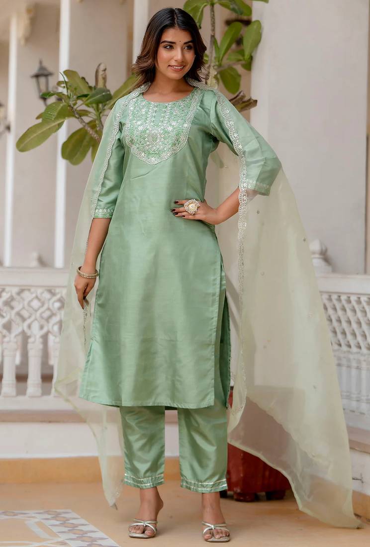 Floral embroidered silk round neck kurta trouser and dupatta set