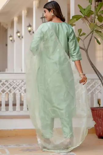 Floral embroidered silk blend round neck kurta trouser and dupatta set